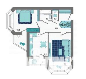 2-к квартира, вторичка, 63м2, 6/18 этаж