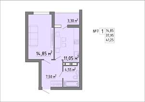 1-к квартира, строящийся дом, 41м2, 1/19 этаж