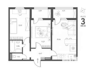 2-к квартира, вторичка, 59м2, 15/17 этаж
