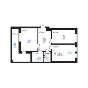 2-к квартира, строящийся дом, 70м2, 7/8 этаж