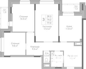 3-к квартира, строящийся дом, 77м2, 16/19 этаж