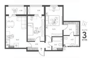 2-к квартира, строящийся дом, 67м2, 6/18 этаж