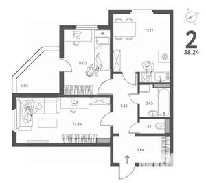 2-к квартира, строящийся дом, 58м2, 3/18 этаж