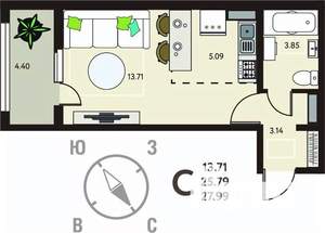 Студия квартира, сданный дом, 28м2, 10/18 этаж