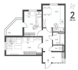 2-к квартира, вторичка, 58м2, 11/18 этаж