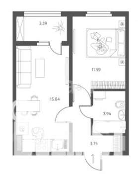 1-к квартира, вторичка, 37м2, 2/17 этаж