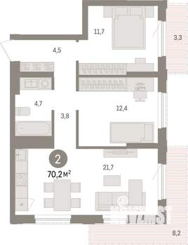 2-к квартира, строящийся дом, 70м2, 4/25 этаж