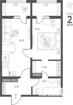 1-к квартира, сданный дом, 44м2, 12/17 этаж