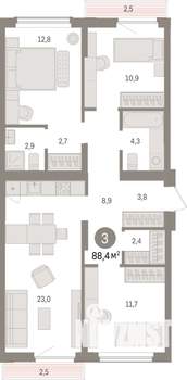 3-к квартира, строящийся дом, 88м2, 6/25 этаж