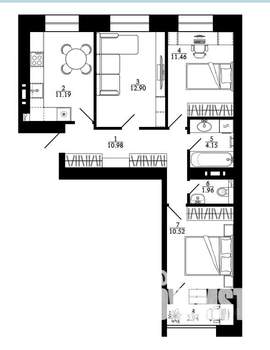 3-к квартира, вторичка, 70м2, 12/15 этаж