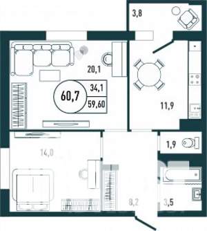 2-к квартира, строящийся дом, 61м2, 3/25 этаж