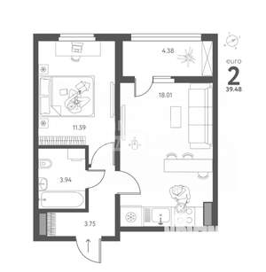 2-к квартира, строящийся дом, 39м2, 1/17 этаж