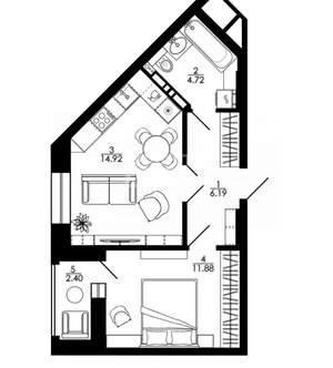 2-к квартира, строящийся дом, 42м2, 11/17 этаж