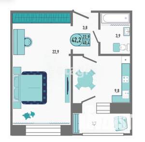 1-к квартира, вторичка, 42м2, 14/18 этаж