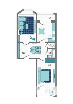 1-к квартира, вторичка, 72м2, 1/18 этаж