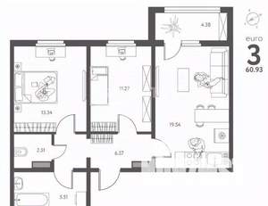 2-к квартира, вторичка, 61м2, 6/17 этаж