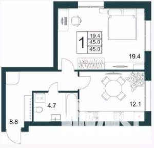 1-к квартира, строящийся дом, 45м2, 1/21 этаж