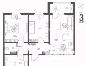 2-к квартира, вторичка, 61м2, 6/17 этаж