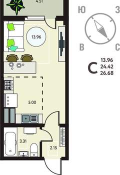 Студия квартира, сданный дом, 27м2, 5/18 этаж