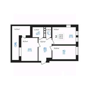 2-к квартира, строящийся дом, 70м2, 7/8 этаж