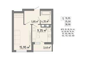 1-к квартира, строящийся дом, 39м2, 3/19 этаж