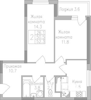 2-к квартира, строящийся дом, 52м2, 13/19 этаж