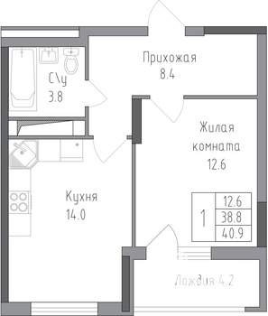 1-к квартира, строящийся дом, 41м2, 8/19 этаж