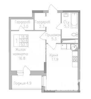 1-к квартира, вторичка, 53м2, 8/17 этаж