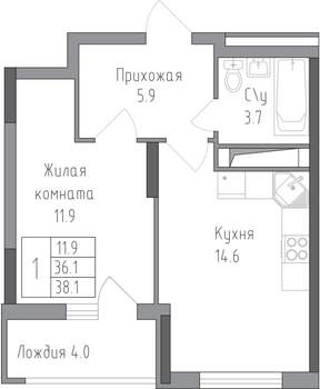 1-к квартира, строящийся дом, 38м2, 6/19 этаж