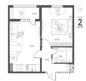 2-к квартира, вторичка, 44м2, 3/17 этаж