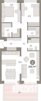 2-к квартира, строящийся дом, 101м2, 2/25 этаж
