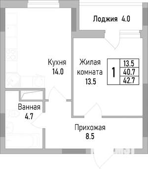 1-к квартира, строящийся дом, 43м2, 13/19 этаж