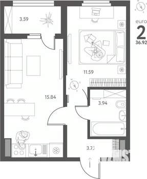 1-к квартира, вторичка, 37м2, 16/17 этаж