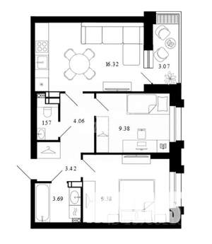 2-к квартира, вторичка, 54м2, 6/15 этаж