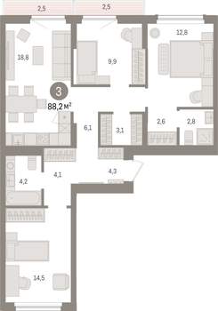 3-к квартира, строящийся дом, 88м2, 3/25 этаж