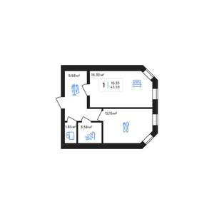 1-к квартира, строящийся дом, 44м2, 1/7 этаж