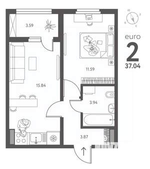 1-к квартира, строящийся дом, 37м2, 17/18 этаж