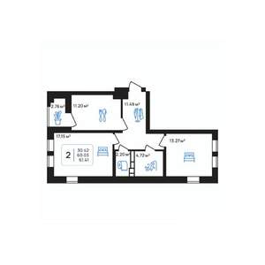 2-к квартира, строящийся дом, 61м2, 6/8 этаж