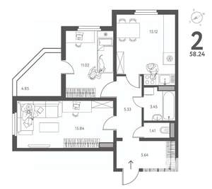 2-к квартира, строящийся дом, 58м2, 7/18 этаж