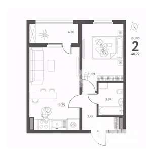 1-к квартира, вторичка, 41м2, 14/17 этаж