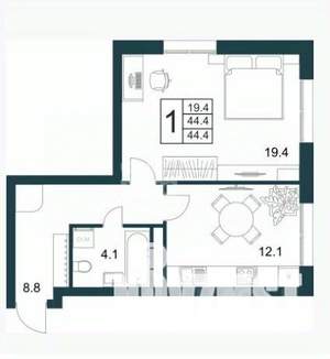1-к квартира, вторичка, 44м2, 4/21 этаж