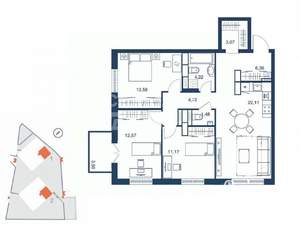 3-к квартира, вторичка, 80м2, 22/25 этаж