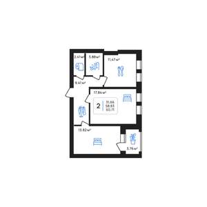 2-к квартира, строящийся дом, 61м2, 6/7 этаж