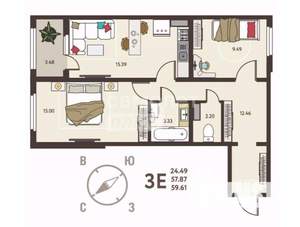 2-к квартира, вторичка, 60м2, 11/17 этаж