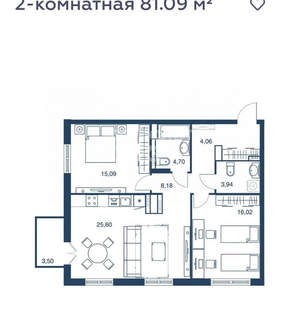 2-к квартира, сданный дом, 81м2, 9/25 этаж