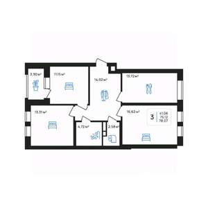 3-к квартира, строящийся дом, 78м2, 3/8 этаж