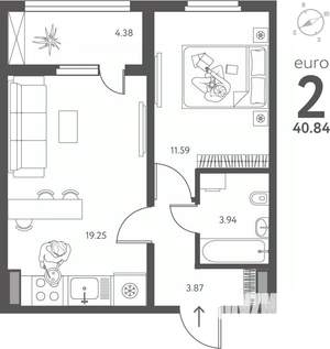 1-к квартира, вторичка, 41м2, 6/18 этаж