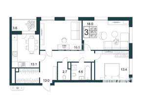 3-к квартира, вторичка, 88м2, 12/18 этаж