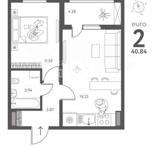 2-к квартира, вторичка, 41м2, 17/18 этаж