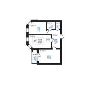 2-к квартира, строящийся дом, 62м2, 3/7 этаж
